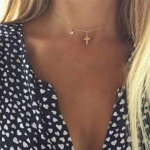 Gold Crystal Cross Chain Pendant Choker Necklace
